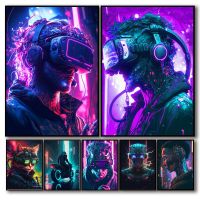 Awesome 80S Neon Punk Vr วิดีโอเกมโปสเตอร์ Aesthetic Space Cat City Samurai ผ้าใบพิมพ์ Home Wall Art Kawaii Gamer Room Decor