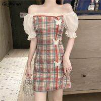 Dresses Women Chinese Style Side-slit Puff Sleeves Butterfly Designed Plaid Ruffles Sexy Slim 2XL Trendy Casual Chic Ins Kawaii