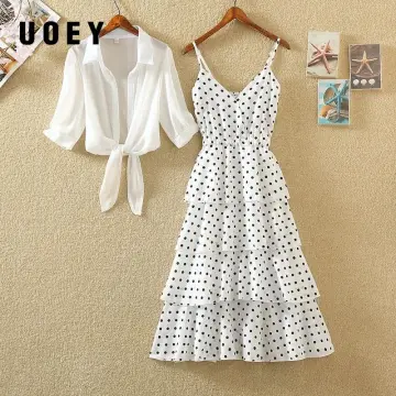 Large size girl's white dress simply fashion summer vacation suit  three-quarter sleeve beach skirt sunscreen women's loose lace-up bikini  blouse