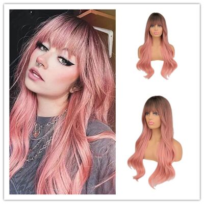 WHIMSICAL W  Long Wavy Wig Black To Pink Colorful Curly Wavy Hair Wigs Heat Resistant Synthetic Daily Party Cosplay Wig For Wo