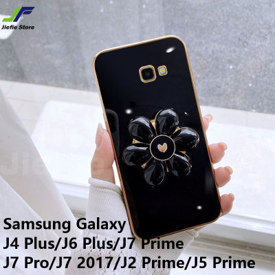 เคสโทรศัพท์ภาพดอกไม้แฟชั่น JieFie สำหรับ Samsung Galaxy J7 Prime / J4 Plus/ J6 Plus / J7 2017 / J7 Pro / J7 Prime / J5 Prime / J2 Prime ชุบโครเมี่ยมสุดหรูฝาครอบโทรศัพท์ TPU ซอฟท์ + ขาตั้ง