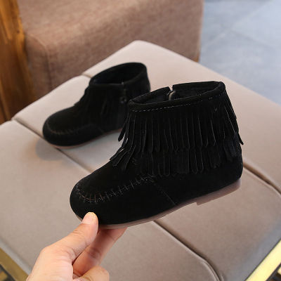 Winter Girls Fringes Ankle Boots Flock Warm Rubber Boots Toddler Kids Cotton Padded Tassels Boots Red Pink Black Color