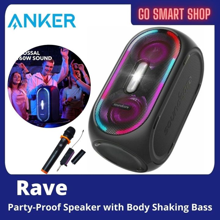 Anker Soundcore Rave Portable Party Speaker with 107dB Sound, Light Show,  24 Hour Playtime, PowerIQ, BassUp Technology, Water Resistant, Party Speaker  with Microphone Input For Karaoke, BBQ, Outdoor, 