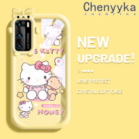 เคส Chenyyyka สำหรับ Huawei P40 P40 Pro เคสการ์ตูนน่ารักลายแมว Hello Kitten ใหม่อัพเกรดซิลิโคนสีเคสมือถือกันกระแทกแบบใสนิ่มฝาครอบป้องกันโปร่งใสลายกล้องถ่ายรูปที่สร้างสรรค์