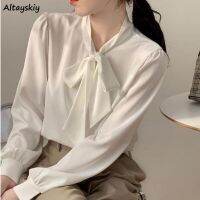 Women Shirts Elegant Spring Long Sleeve Office Bow White Clothing Solid Simple Tops All-match Leisure Breathable Ulzzang