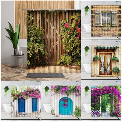 【CW】☌  Garden Shower Curtain Set Fence Printing Accessories Backdrop Fabric Curtains