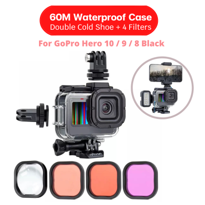 เคสกันน้ำ+ฟิลเตอร์ 4 สี GoPro Hero 12 11 10 9 8 Black Protective Housing with Double Cold shoe + 4 Filters Diving Lens