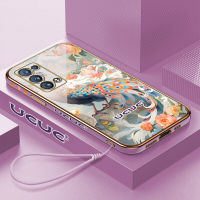 Kingsons เคสนิ่มสำหรับ OPPO Reno6 Pro 5G Reno6 Z 5G Reno7 Reno7 5G Reno7 Pro 5G Reno7 Z 5G ขอบสี่เหลี่ยมนกยูงดอกไม้เคสโทรศัพท์มีลายเคสป้องกันด้วยไฟฟ้า