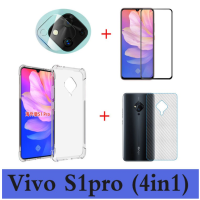 (4in1) สำหรับ Vivo S1 V17 V15 Pro V19 Y11 Y12 Y15 Y17 Y19 y91c สี่มุมวางทนกรณีโทรศัพท์มือถือใส + คาร์บอนไฟเบอร์ฟิล์มหลัง + ฟิล์มเลนส์กล้อง + ฟิล์มกระจกนิรภัยแบบเต็มหน้าจอ