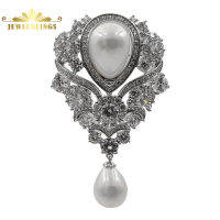 Victorian Vintage Micro Pave CZ Loop Ribbon Foiled Floral White Mother of Pearl Teardrop Brooches Pin for Wedding Bridal Jewelry