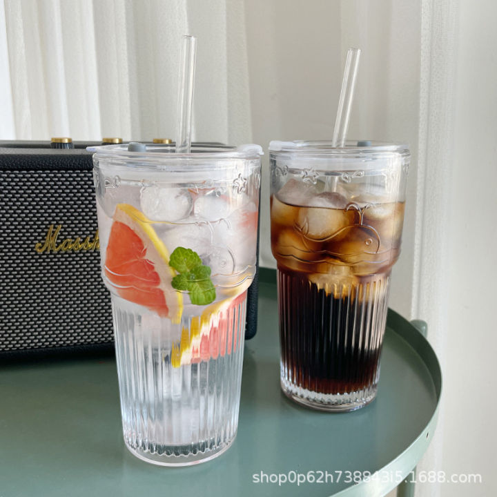 Iced Coffee GlassesStripe Glass Cup With Lid And Straw Transparent