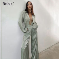 Bclout Green Vintage Two Piece Sets Women Autumn Sets Of Elegant Woman Long Sleeve Top And High Waist Pants 2 Piece Set Female