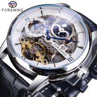 ⌚ForXining นาฬิกานาฬิกากลไก Tourbillon สายหนังแท้หน้าปัดสีขาวแบบสองเขตเวลากันน้ำ