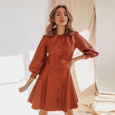MUICHES Sweet Lantern Sleeve A-line Dress Female Single Breasted O Neck Solid Elegant PU Leather Dresses For Woman 2021 Fall