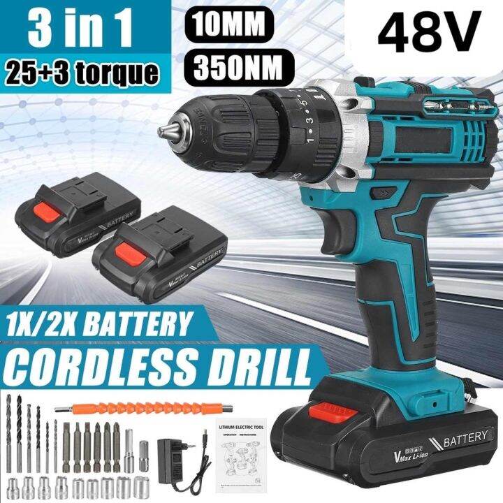 24V 48V Cordless Drill 2x Battery Impact Electric Drill Screwdriver