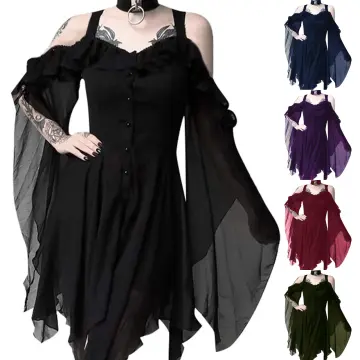 Goth Black Corset Dress Women Off Shoulder Folds Harajuku Vintage