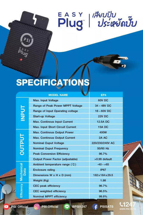 psi-easy-plug-micro-inverter-420w-แผงโซล่าเซลล์ขนาด-420w-สายไฟสำหรับโซล่าเซลล์-pv-เบอร์4-ดำ-แดง-ม้วนละ-50m-เข้าหัวสำเร็จรูป-ใช้งานง่ายแค่เสียบปลั๊ก