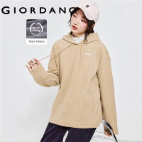 GIORDANO Women Hoodies Polar Fleece Windproof Letter Embroidered Fashion Hoodies Solid Color Warm Loose Casual Hoodies 13322318