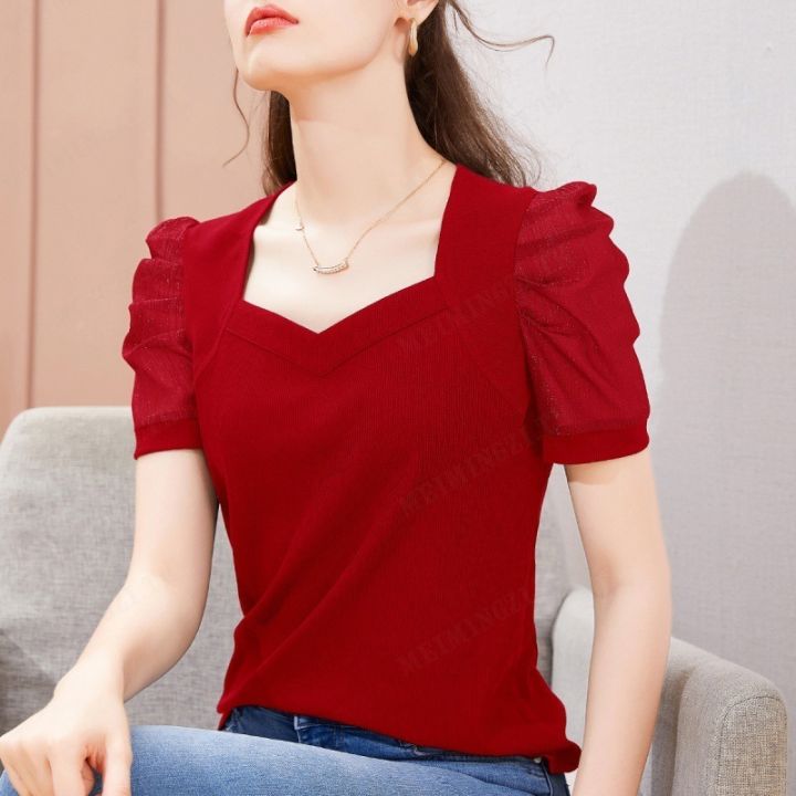 meimingzi-เสื้อยืดขนาดใหญ่สไตล์เฟรนช์สุดเซ็กซี่สำหรับผู้หญิงในฤดูร้อนใหม่