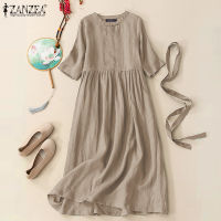 ZANZEA ผู้หญิงแขนสั้นผ้าฝ้าย O คอ Midi Dress Holiday Beach Sundress #2