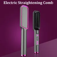 1 PCS 2-In-1 Electric Hair Straightening Brush Comb Curling Iron Straightening Styler with LCD Display EU Plug-A