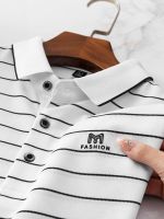 Light luxury black and white striped polo shirt short-sleeved middle-aged mens high-end business shirt collar seamless cool summer T-shirt a 【SSY】