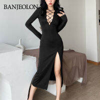 BANJEOLON ผู้หญิงสไตล์ใหม่ แฟชั่นแฟชั่นแขนยาวคอ V ชุดเย็บ HZFWC4489