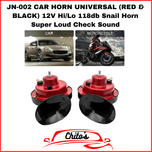JN002 CAR HORN UNIVERSAL (RED & BLACK) 12V Hi/Lo 118db Snail Horn