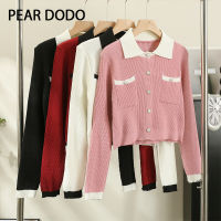 PEAR DODO เสื้อโปโลถักเสื้อคาร์ดิแกนแขนยาวฉบับภาษาเกาหลีสำหรับผู้หญิง