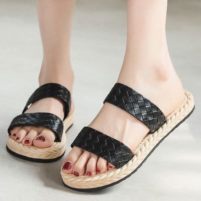 Summer travel outside wear new imitation straw rope female sandals fashion a word procrastinates beach thick bottom flat with female slippers