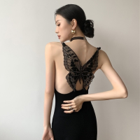 HOUZHOU y Elegant Backless Midi Dress Women Butterfly Embroidery Mesh Hollow Out Spaghetti Strap Black Bodycon Dress Party