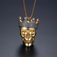 JINSE Mens Crown Skull Cubic Zircon Iced Out Pendant Necklace Gold Color Skeleton Necklace For Men Hiphop Fashion Jewelry Gift