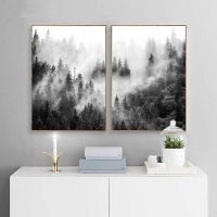 ☁✹ ป่าธรรมชาติสีดำและสีขาวต้นไม้ Wall Art โปสเตอร์ Foggy Forest พิมพ์ภูมิทัศน์ภาพวาดผ้าใบภาพผนังห้องนั่งเล่น decor