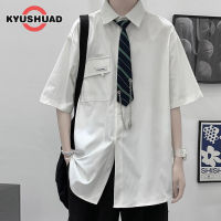 KYUSHUAD เสื้อเชิ้ตแขนสั้นผู้ชาย เสื้อบางๆแฟชั่นลำลองหลวมและสีทึบ