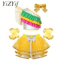 hot【DT】 Children Jazz Cheerleading Performing Costumes Sleeveless Oblique Shoulder Top Skirt Cuffs Wear Set