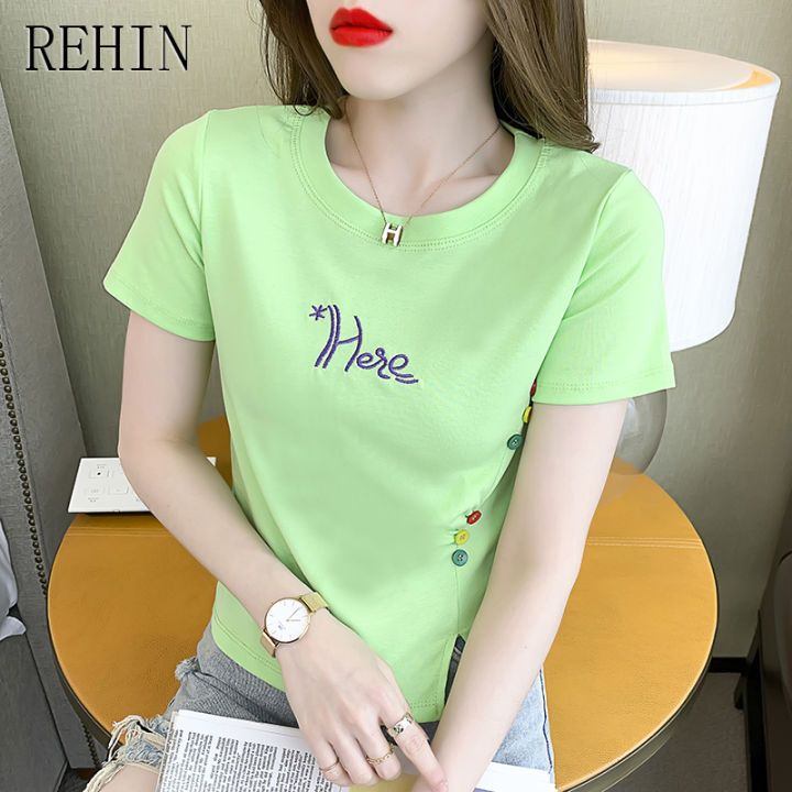 rehin-เสื้อยืดแขนสั้นผู้หญิง-เสื้อยืดแขนสั้นเข้ารูปพอดีเวอร์ชันเกาหลีฤดูร้อนใหม่2023พิมพ์ลายเสื้อติดกระดุมหลากสี