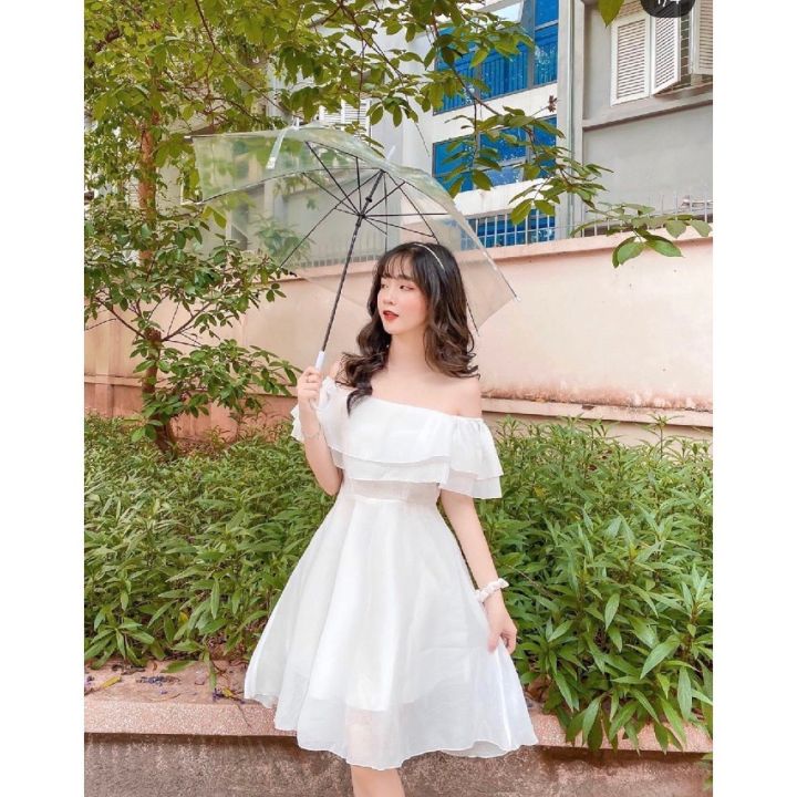 Váy trễ vai bèo - Đầm trắng trễ vai công chúa chun eo | Lazada.vn