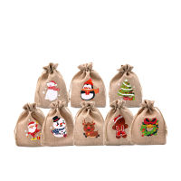50pcs Christmas Print Gift Bag Santa Claus Elk Bells Bear Drawstring Natural Burlap Bag Jute Gift Bag New Year Decor 10x14cm