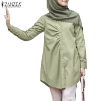 ℗ ZANZEA Women Muslim Round Neck Full Open Pockets Long Sleeve Pleated Shirt