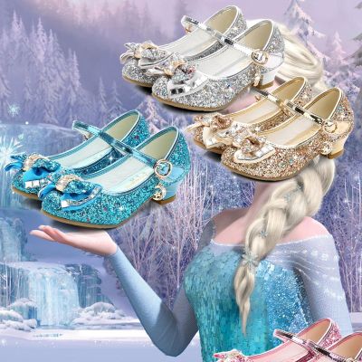 Kids Leather Shoes Girls Princess High Heel Glitter Crystal Butterfly Bowknot Sandals Children Blue Solid Color Cosplay Shoes