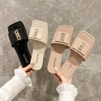 Womens Slippers 2022 Summer Pu Chain Luxury Square Toe Flat Heel Bright Color Womens Plus Size Outdoor Beach Womens Sandals