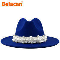 Wool Jazz Fedora Hats Casual Men Women Leather Pearl Ribbon Felt Hat White Blue Yellow Panama Trilby Formal Party Cap 56-58-61CM