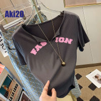 เสื้อยืดโชว์สะดือ Aki20สำหรับผู้หญิงเสื้อยืดแขนสั้นคอวีแนวดีไซน์ใหม่2023ดีไซน์เก๋หวานและเผ็ด