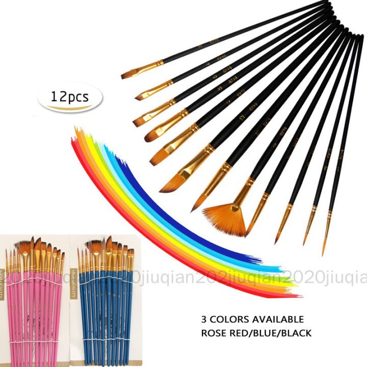 ready-stock-12-pcs-high-quality-painting-brushes-nylon-hair-wooden-handle-multifunctional-brushes-for-water-color-and-acrylic-painting-students-and-artists-painting-brush-3-color-available