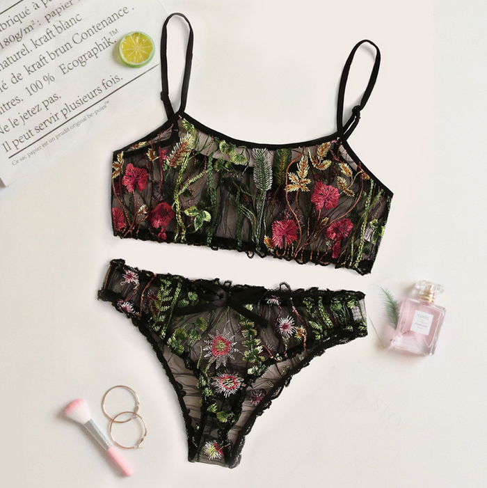 2020 New Women's Lingerie Set Floral Embroidered Sheer Mesh Bra + Panties 2  Piece Nightwear Set Women Honeymoon Exotic Sets