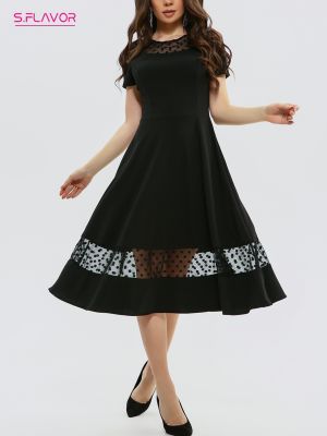 【YF】 S.FLAVOR Women Black Short Sleeve Summer Dresses Elegant Lace Patchwork Midi Party Vestidos De