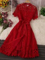 EWQ French Stylish Hollow Out Lace Vestido Women Elegant Solid Open Stitch Lace-up Evening Dress 2023 New Tide Summer SN0183