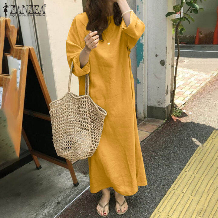 Zanzea Korean Style Womens Long Sleeve O Neck Solid Cotton Maxi Dress Casual Loose Dresses Plus 8074