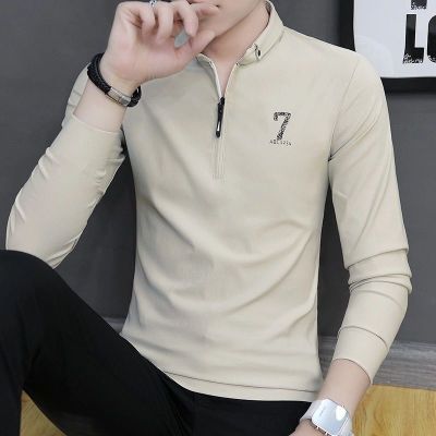 เสื้อยืดยืนเข้ารูปแขนยาวของผู้ชายฉบับภาษาเกาหลีเสื้อโปโลเสื้อยืดเสื้อเชิ้ตสีพื้นเสื้อหล่อ2023ใหม่