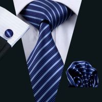 LS 337 Hot Men`s Tie Blue Striped 100 Silk Jacquard Woven Gravata Tie Hanky Cufflink Set For Men Formal Wedding Party Business